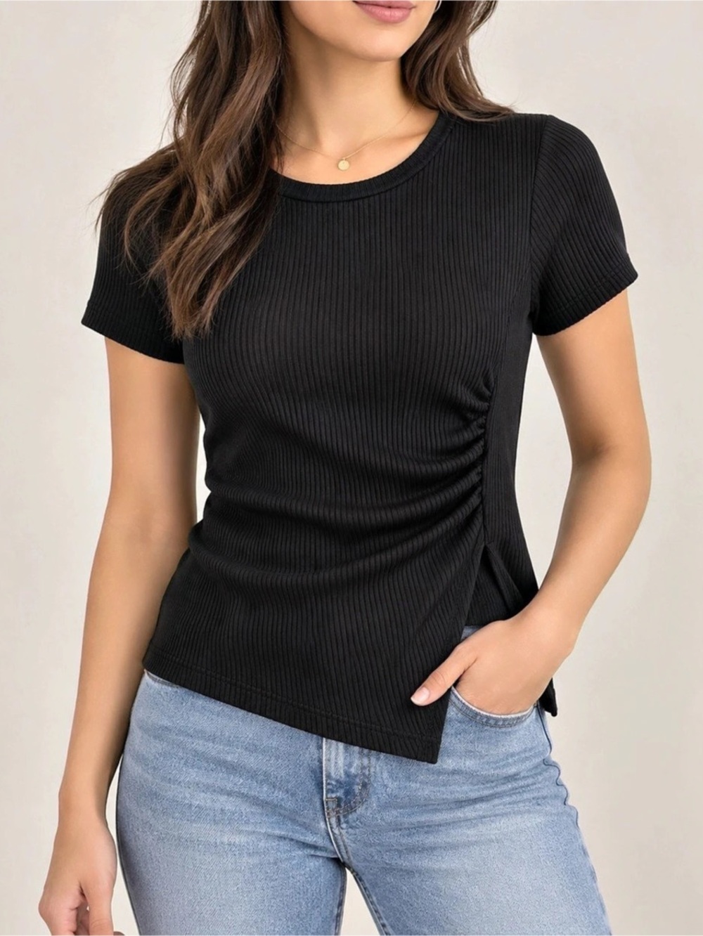 EZwear Solid Ruched Split Hem Crop Tee Black